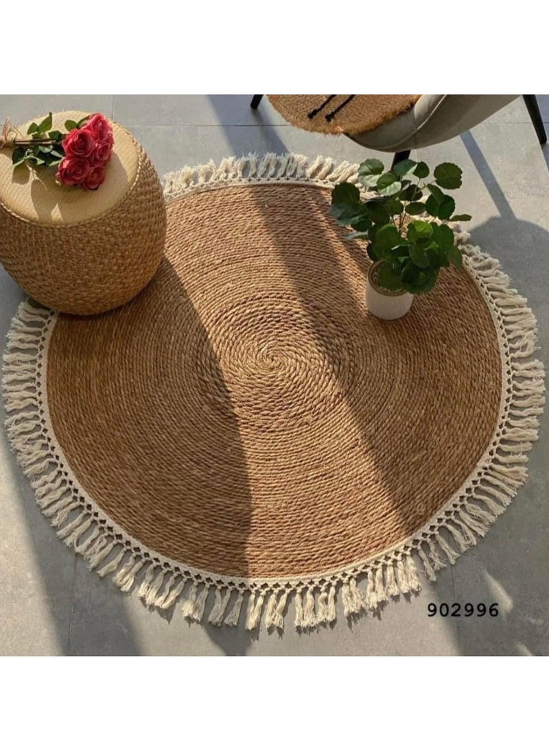 Round Handwoven Jute Braided Area Rug – 100 cm Rustic Vintage Beige Reversible Carpet, Boho Farmhouse Style for Bedroom, Living Room, Kitchen – Natural Jute Decor