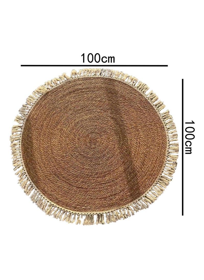 Round Handwoven Jute Braided Area Rug – 100 cm Rustic Vintage Beige Reversible Carpet, Boho Farmhouse Style for Bedroom, Living Room, Kitchen – Natural Jute Decor