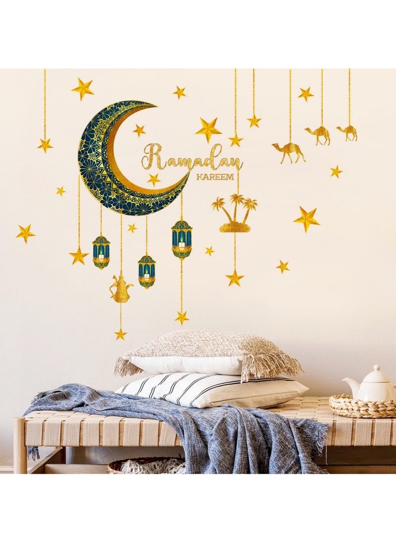 Ramadan Wall Decor Stickers Islamic Muslim Wall Stickers Eid Mubarak Wall Decals Lantern Moon Star Window Clings for Home Wall Living Room Bedroom Décor Wallpaper