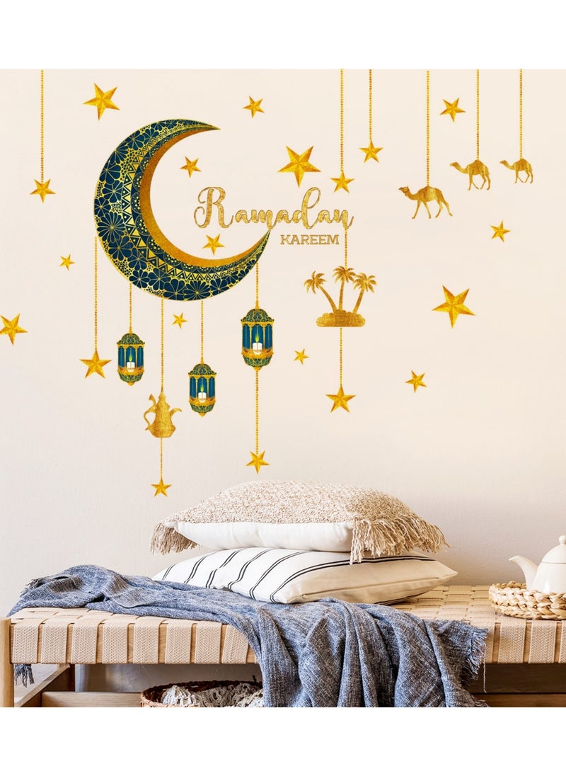 Ramadan Wall Decor Stickers Islamic Muslim Wall Stickers Eid Mubarak Wall Decals Lantern Moon Star Window Clings for Home Wall Living Room Bedroom Décor Wallpaper