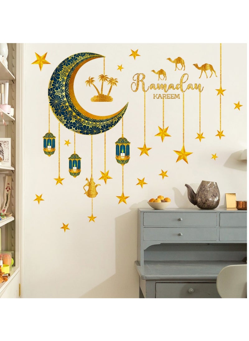 Ramadan Wall Decor Stickers Islamic Muslim Wall Stickers Eid Mubarak Wall Decals Lantern Moon Star Window Clings for Home Wall Living Room Bedroom Décor Wallpaper