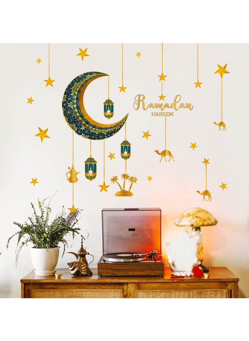 Ramadan Wall Decor Stickers Islamic Muslim Wall Stickers Eid Mubarak Wall Decals Lantern Moon Star Window Clings for Home Wall Living Room Bedroom Décor Wallpaper