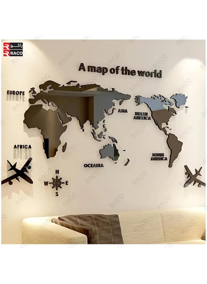 RACO Mirror Background Wall Stickers, 3D Map of World Wall Art, 3D World Map Wall Sticker, Self-Adhesive Wall Stickers, Map Art Murals Sticker for Home Living Room Bedroom Office Black