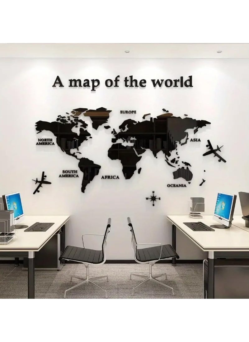 RACO Mirror Background Wall Stickers, 3D Map of World Wall Art, 3D World Map Wall Sticker, Self-Adhesive Wall Stickers, Map Art Murals Sticker for Home Living Room Bedroom Office Black