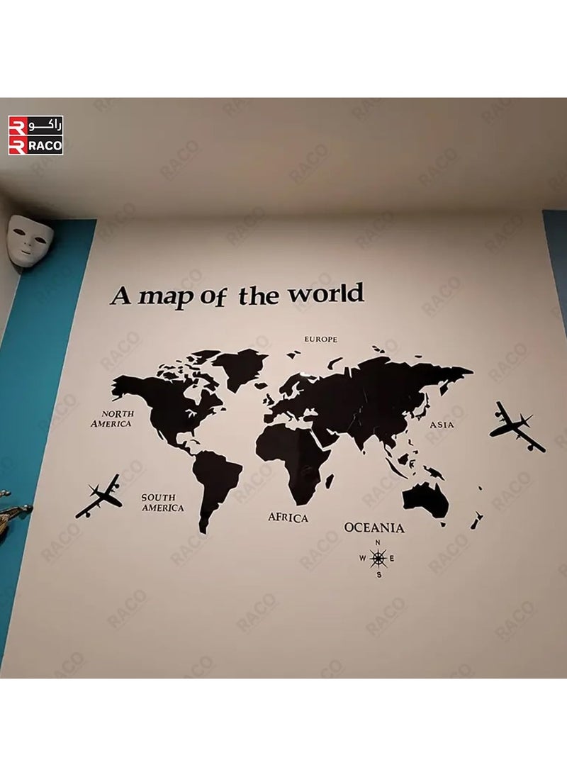 RACO Mirror Background Wall Stickers, 3D Map of World Wall Art, 3D World Map Wall Sticker, Self-Adhesive Wall Stickers, Map Art Murals Sticker for Home Living Room Bedroom Office Black