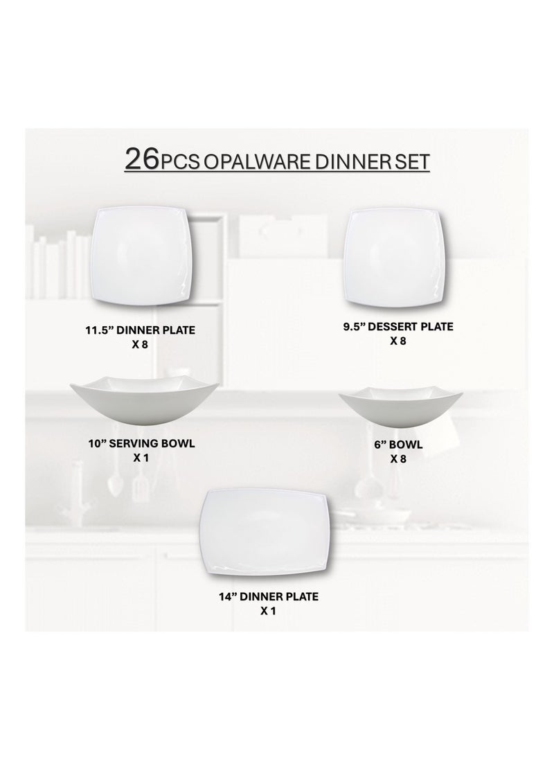 Melrich 26 Pcs Opal ware Dinner set 8 Dinner plate 8 Dessert plate 8 Bowl 1 Serving plate 1 Serving Bowl Dishwasher Microwave Safe BPA free