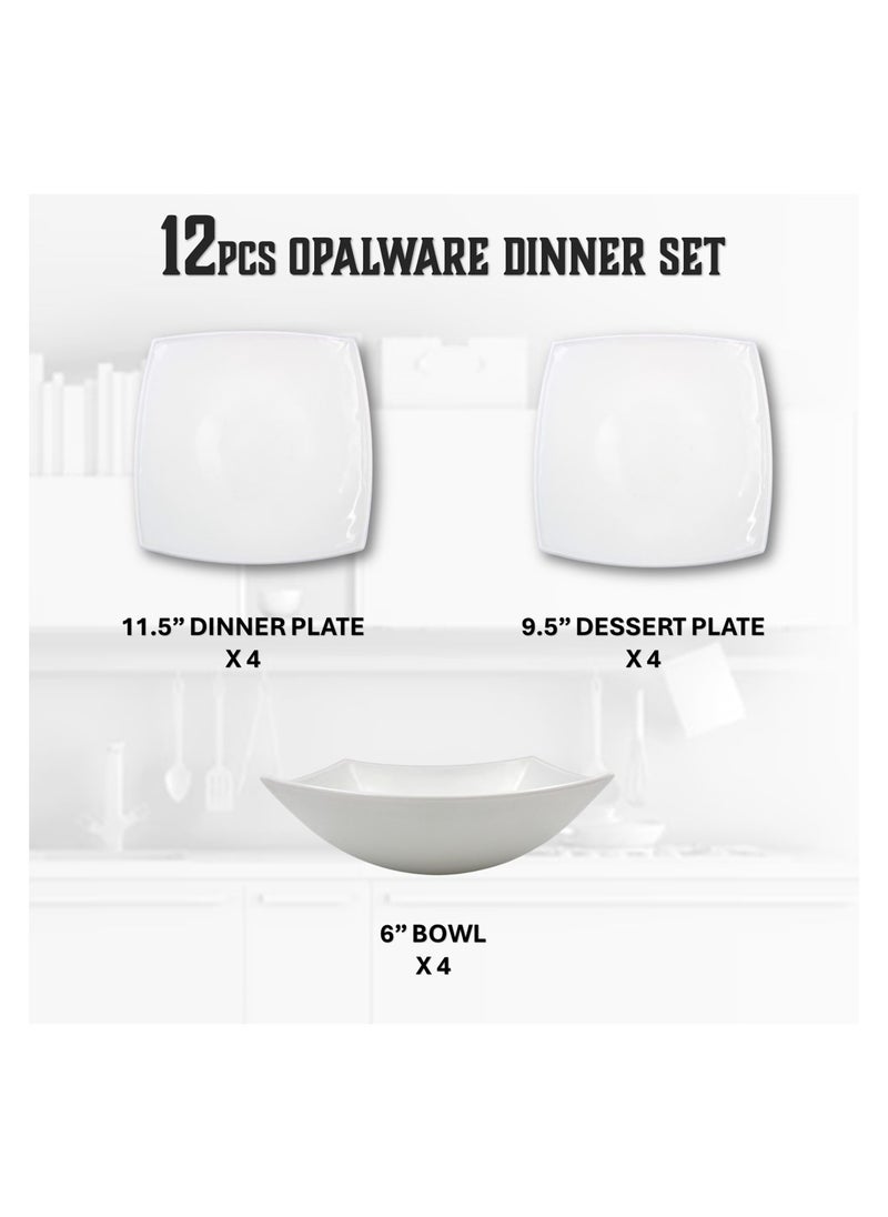 Melrich 12 Pcs Opal ware Dinner set 4 Dinner Plate 4 Dessert plate 4 Bowls Dishwasher Microwave safe Durable BPA free