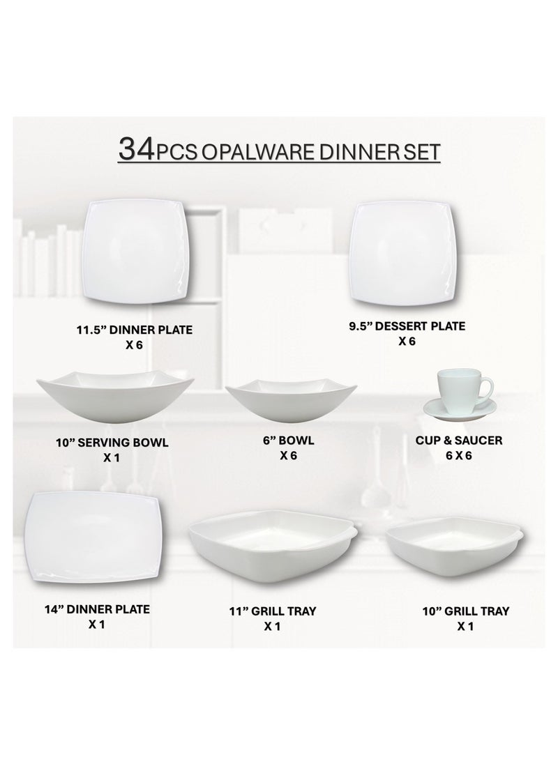 Melrich 34 Pcs Opal ware Dinner set 6 Dinner plate 6 Dessert plate 6 Bowl 1 Serving plate 1 Serving Bowl 2 Chicken Fish Grill Tray 6 Cup 6 Saucer Dishwasher Microwave Safe