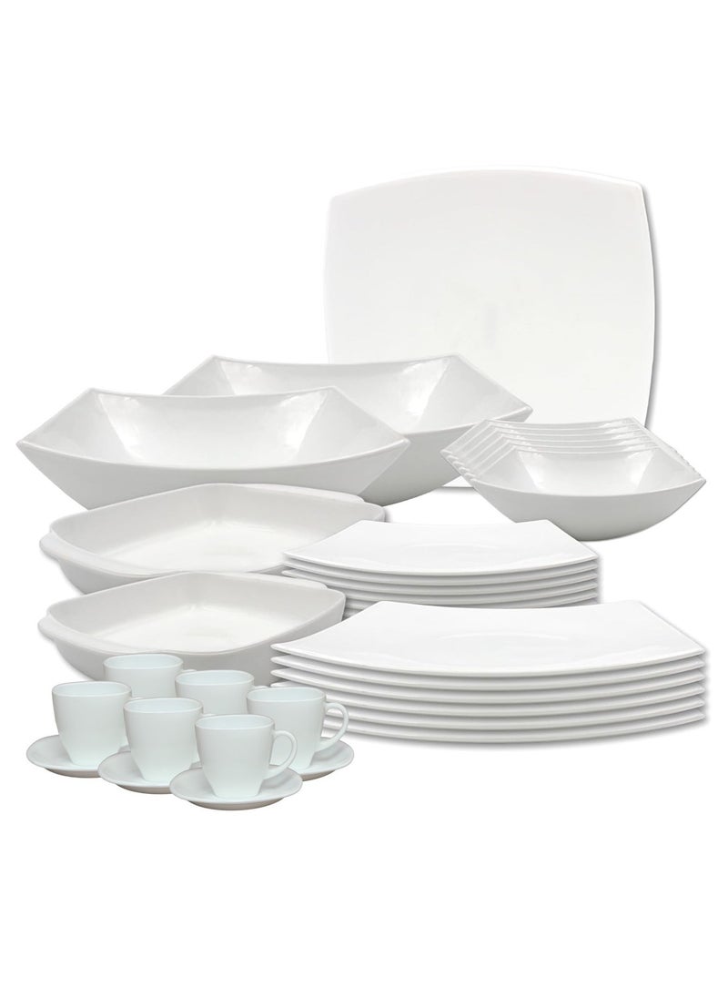 Melrich 44 Pcs Opal ware Dinner set 8 Dinner plate 8 Dessert plate 8 Bowl 2 Serving plate 2 Serving Bowl 2 Chicken 2 Fish Grill Tray 6 Cup 6 Saucer Dishwasher Microwave Safe