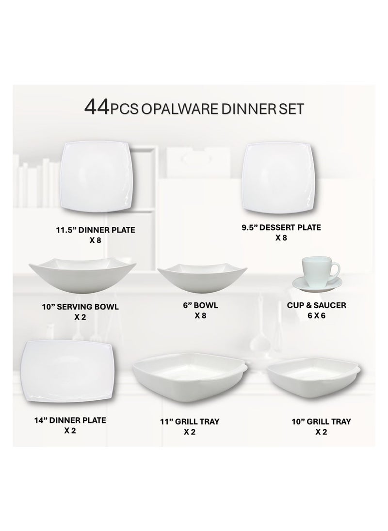 Melrich 44 Pcs Opal ware Dinner set 8 Dinner plate 8 Dessert plate 8 Bowl 2 Serving plate 2 Serving Bowl 2 Chicken 2 Fish Grill Tray 6 Cup 6 Saucer Dishwasher Microwave Safe