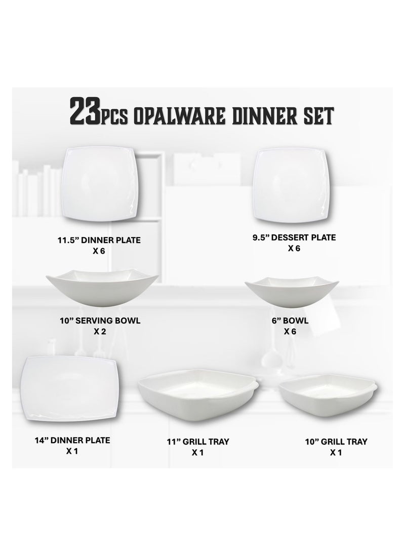 Melrich 23 Piece Square Opalware Dinnerware set 6 Dinner plate 6 Dessert plate 6 Bowls 2 Serving bowl 1 Serving plate Fish grill tray1 Chicken grill tray