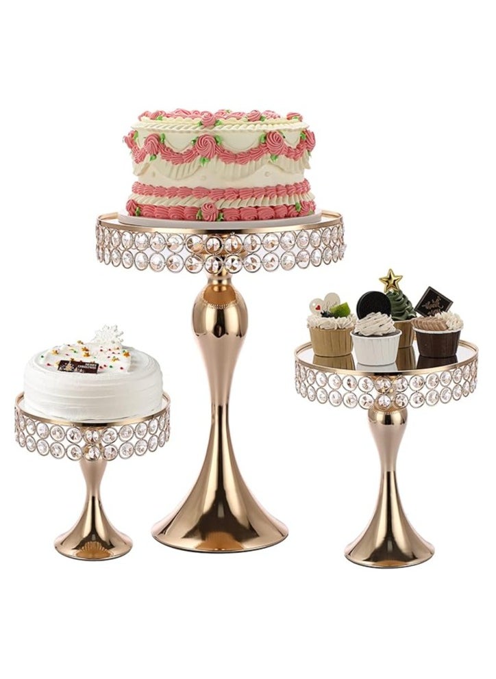 Set of 3 Gold Crystal Cake Stands – 8/10/12 Inch Round Pedestal, Metal Cupcake & Dessert Stands for Weddings, Parties, and Baking