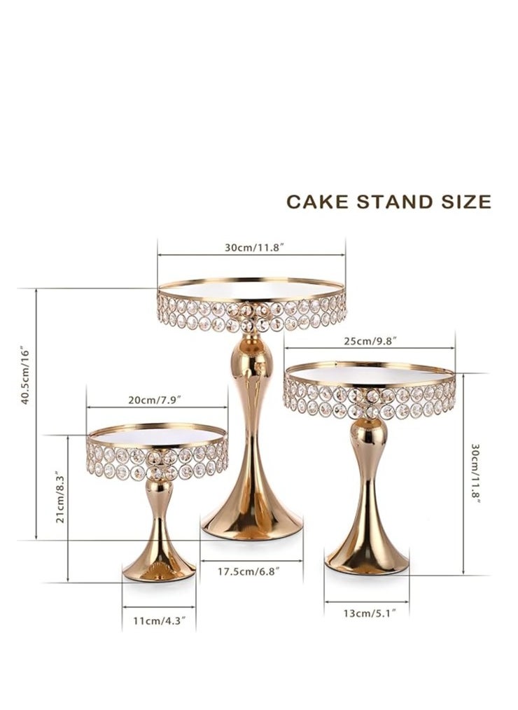 Set of 3 Gold Crystal Cake Stands – 8/10/12 Inch Round Pedestal, Metal Cupcake & Dessert Stands for Weddings, Parties, and Baking