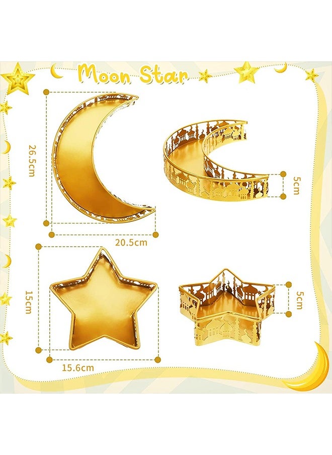 2Pcs Ramadan Decoration Plates Iron Serving Ramadan Tray,Gold Moon Star Shaped Candy Dish,Pastry Snacks Dessert Holder for Holiday Ramadan Home Decor Party Supplies