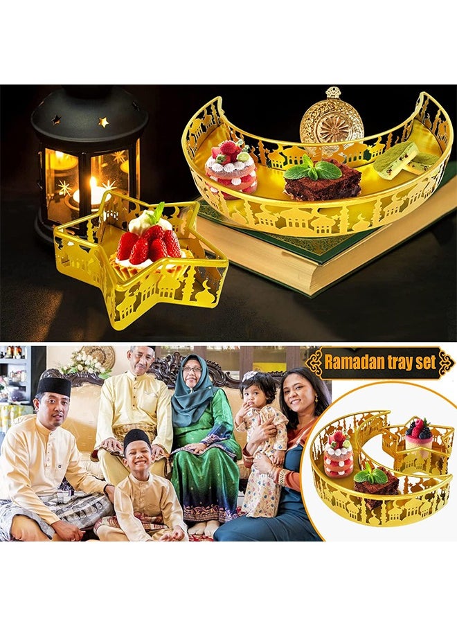 2Pcs Ramadan Decoration Plates Iron Serving Ramadan Tray,Gold Moon Star Shaped Candy Dish,Pastry Snacks Dessert Holder for Holiday Ramadan Home Decor Party Supplies