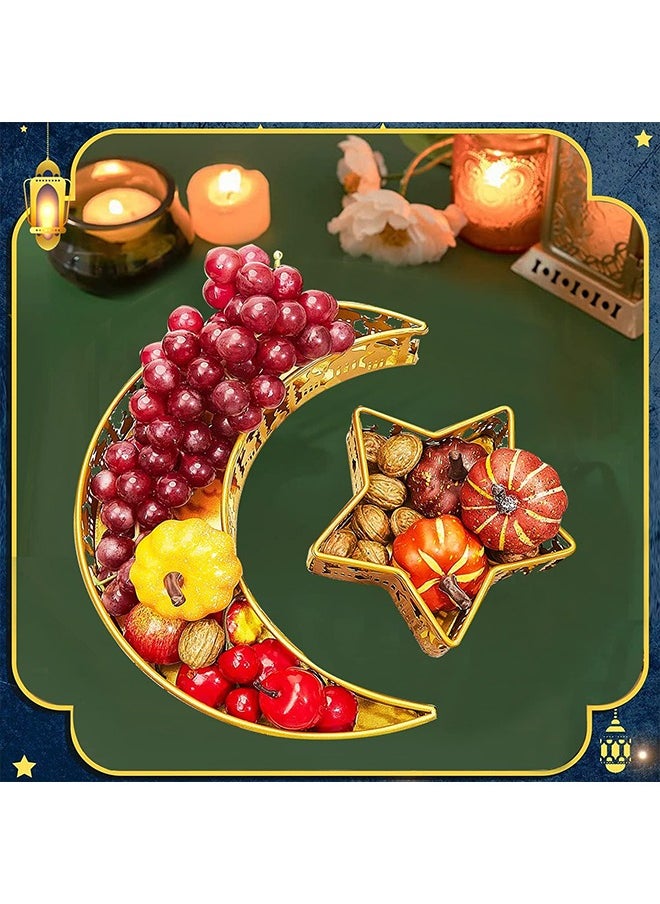 2Pcs Ramadan Decoration Plates Iron Serving Ramadan Tray,Gold Moon Star Shaped Candy Dish,Pastry Snacks Dessert Holder for Holiday Ramadan Home Decor Party Supplies