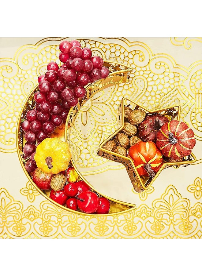 2Pcs Ramadan Decoration Plates Iron Serving Ramadan Tray,Gold Moon Star Shaped Candy Dish,Pastry Snacks Dessert Holder for Holiday Ramadan Home Decor Party Supplies