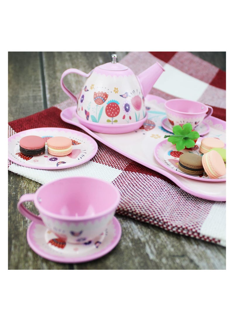 Pink Tea Set for Little Girls - Flower Design Kids Tea Party Set, Princess Teapot & Dishes, Pretend Play Kitchen Toy for Girls