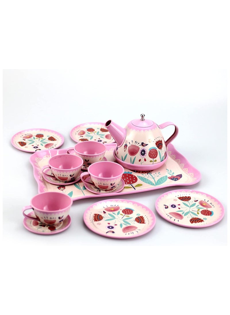 Pink Tea Set for Little Girls Flower Design Kids Tea Party Set, Princess Teapot Dishes Pretend Play Kitchen Toy for Girls