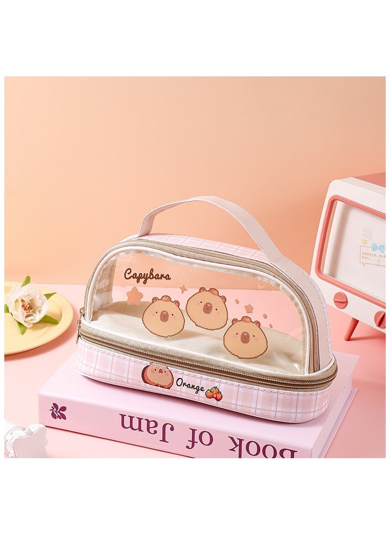 Capibara Pencil Case High-value Transparent Portable Double-layer Pencil Case Large-capacity Dirt-resistant Pencil Case Primary School Student Stationery 13*22CM