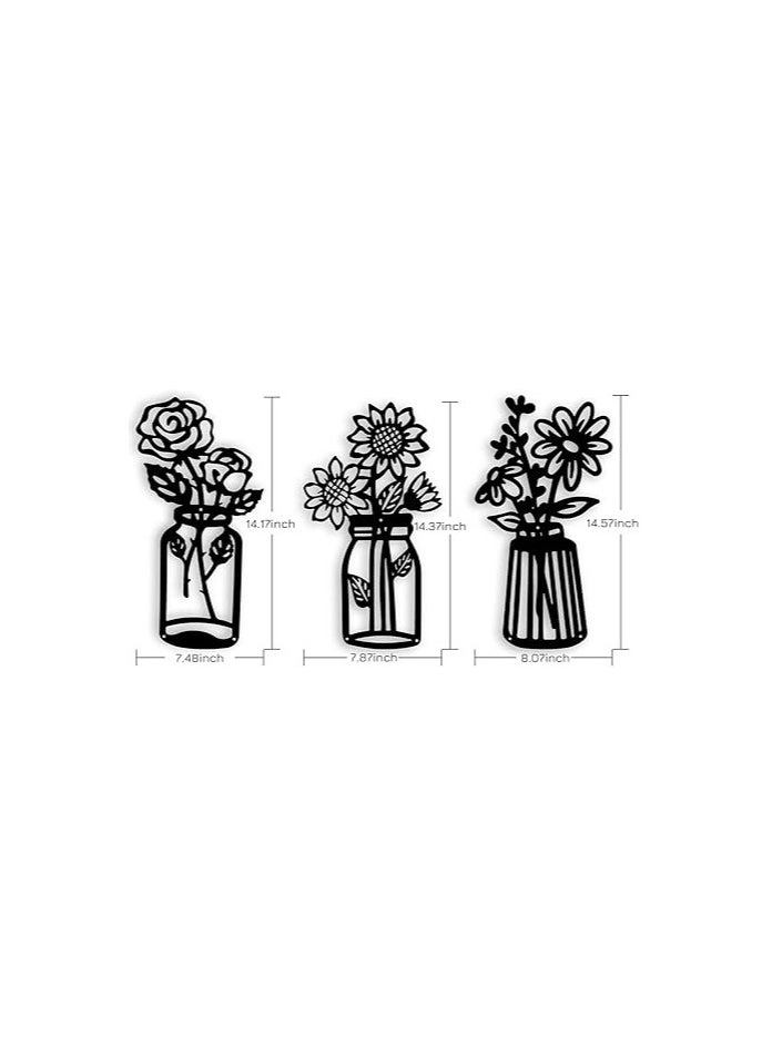 Wooden Wall Art With Self Adhesive Base - Black (Flower Vases - Daisy, Sunflower, Rose)