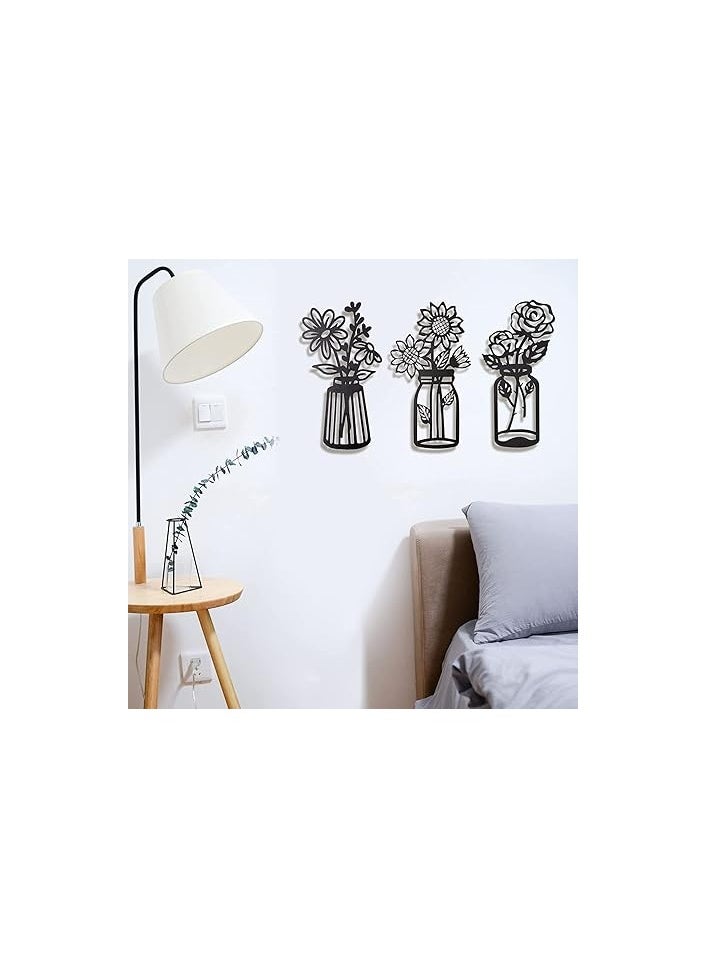 Wooden Wall Art With Self Adhesive Base - Black (Flower Vases - Daisy, Sunflower, Rose)