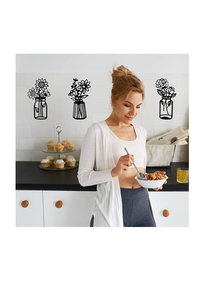 Wooden Wall Art With Self Adhesive Base - Black (Flower Vases - Daisy, Sunflower, Rose)