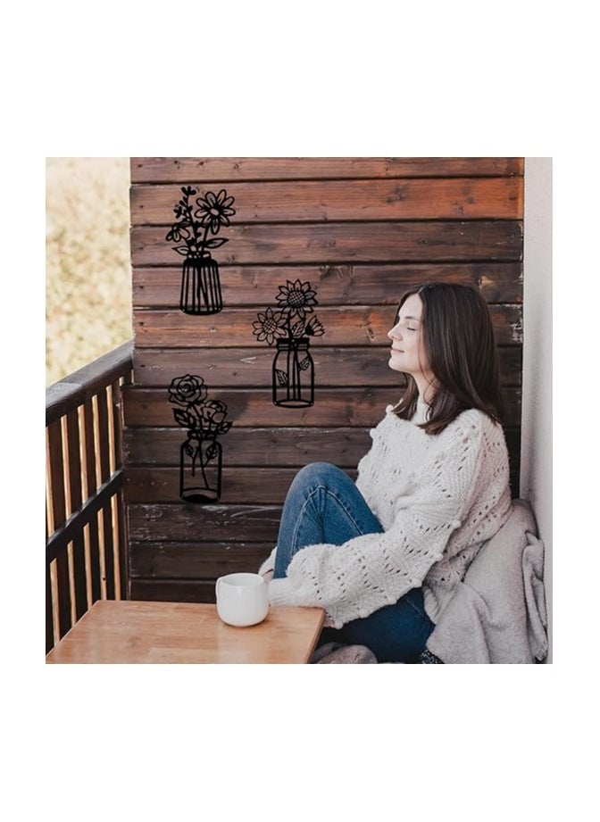 Wooden Wall Art With Self Adhesive Base - Black (Flower Vases - Daisy, Sunflower, Rose)