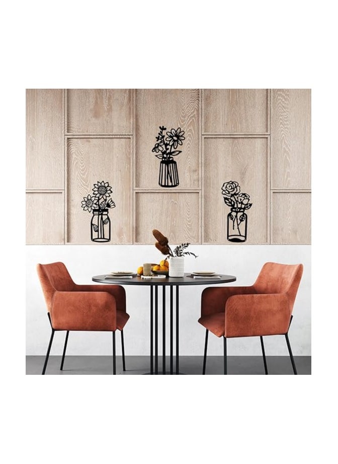 Wooden Wall Art With Self Adhesive Base - Black (Flower Vases - Daisy, Sunflower, Rose)