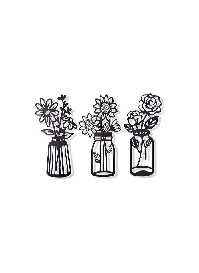 Wooden Wall Art With Self Adhesive Base - Black (Flower Vases - Daisy, Sunflower, Rose)