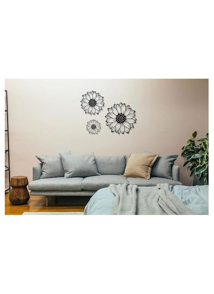 Wooden Wall Art With Self Adhesive Base - Black (Sunflowers - Pack of 3)