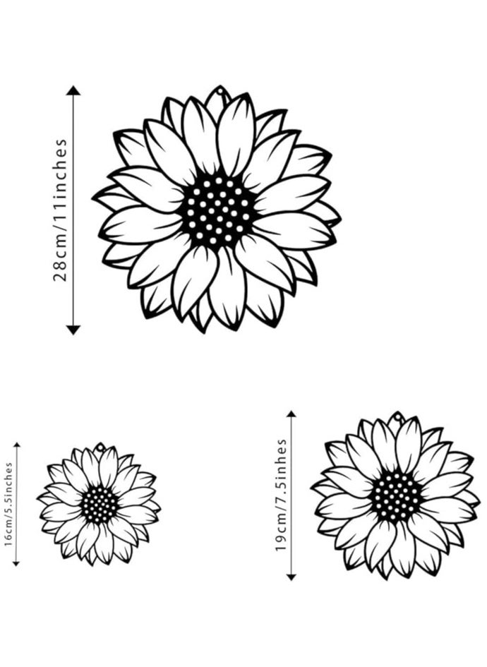 Wooden Wall Art With Self Adhesive Base - Black (Sunflowers - Pack of 3)