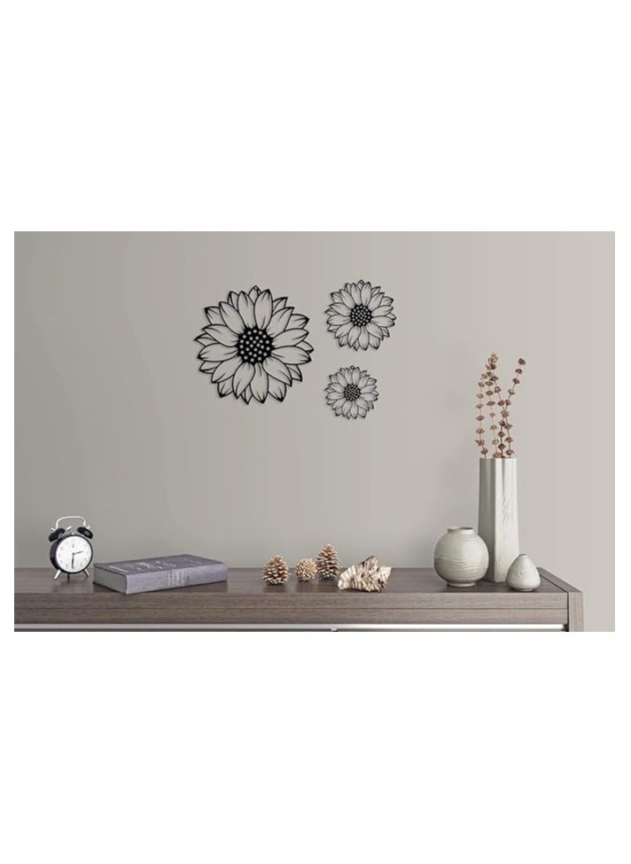 Wooden Wall Art With Self Adhesive Base - Black (Sunflowers - Pack of 3)