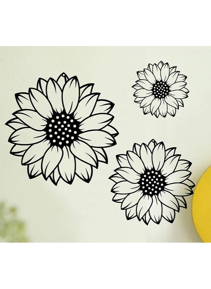 Wooden Wall Art With Self Adhesive Base - Black (Sunflowers - Pack of 3)