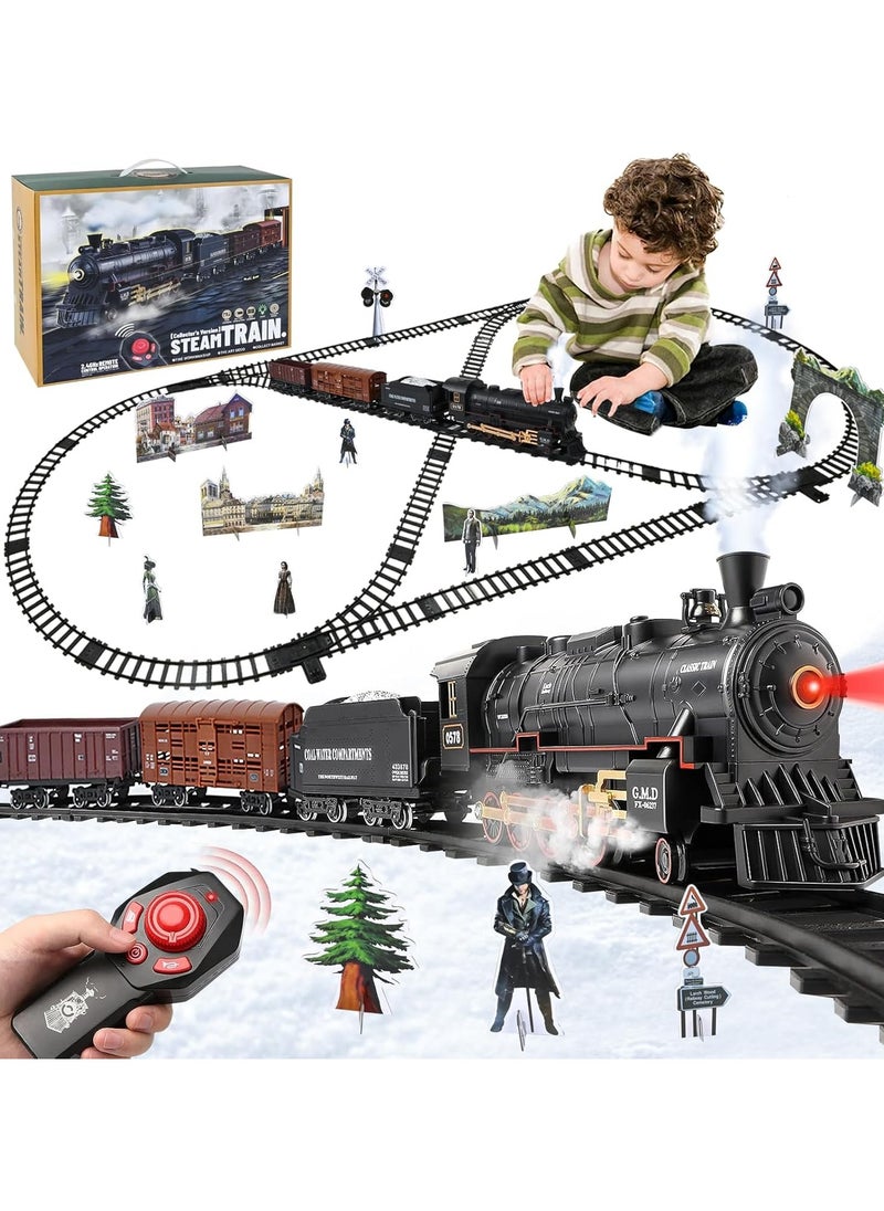 Train Set with Remote Control, Electric Train Toys with Sounds and Light, Steam Locomotive Engine Train