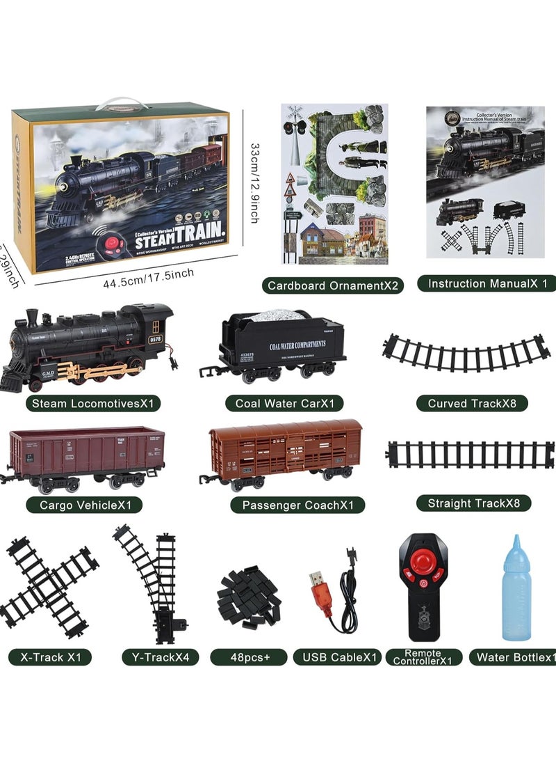 Train Set with Remote Control, Electric Train Toys with Sounds and Light, Steam Locomotive Engine Train