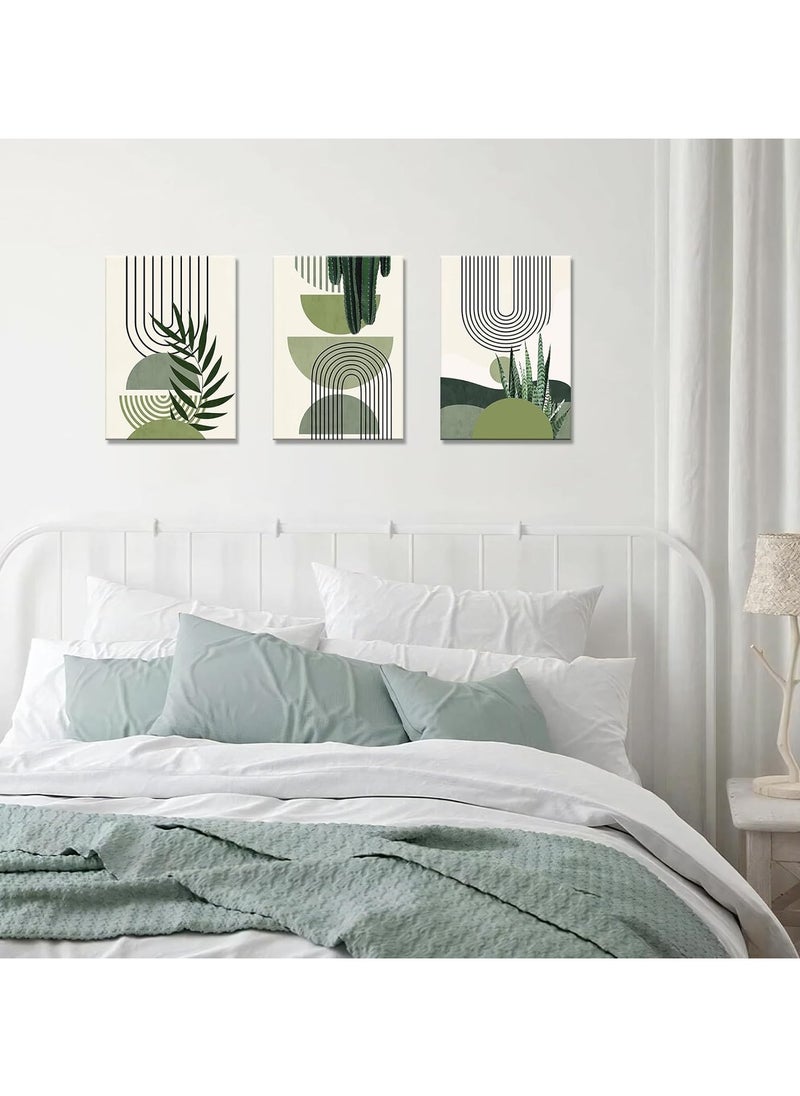 3PCS Framed Green Canvas Wall Art, Canvas Wall Art for Living Room, Modern Aesthetic Green Plant Wall Art Boho Home Decor Poster Canvas Painting Wall Decor