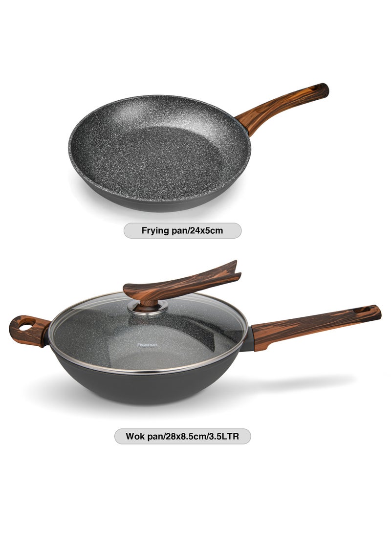 Fissman Frying Pan 24x5cm and Wok Pan with Glass Lid 28x8.5cm Kitchen Cookware Combo, Aluminum Non Stick Coating Milano Series | Induction Bottom | Ergonomic Bakelite Handle | for Frying, Searing