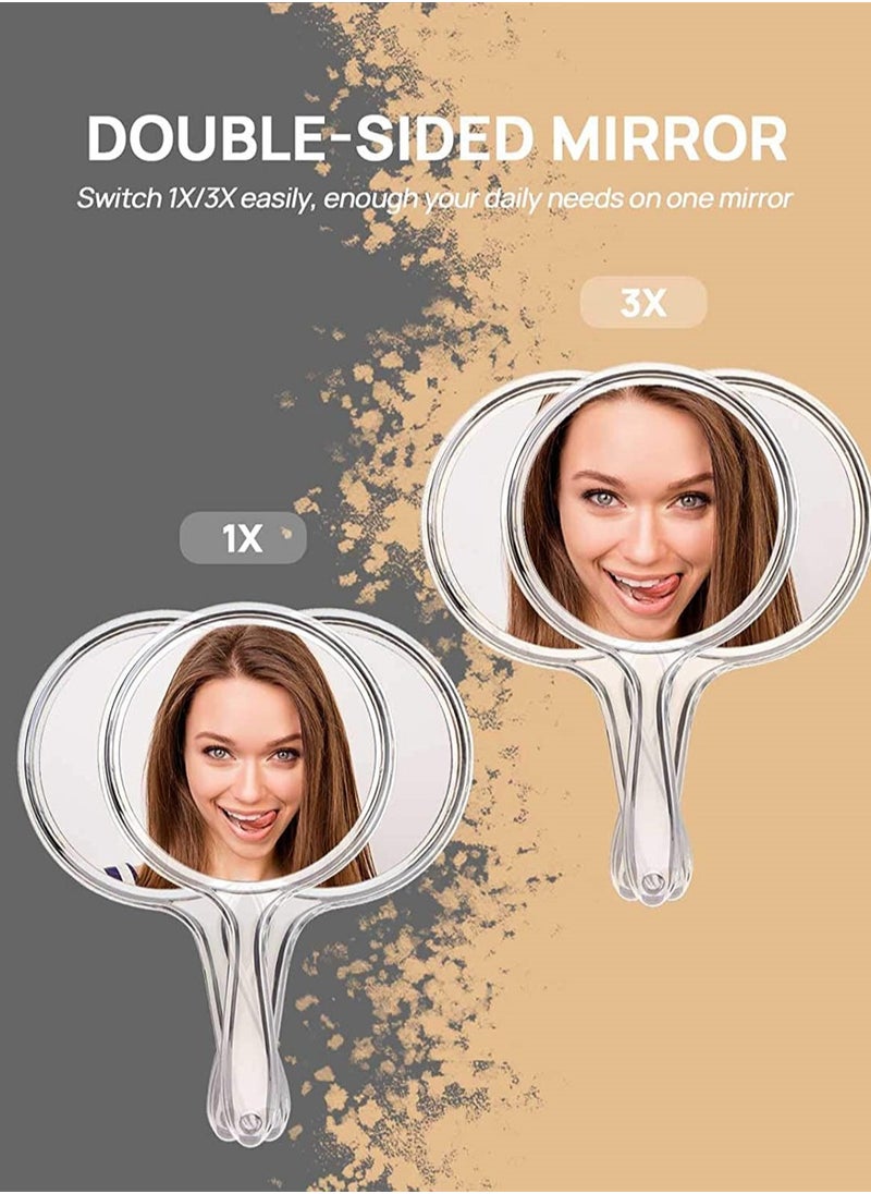 Premium Double-Sided Handheld Mirror Set - 1X/3X Magnifying with Comfortable Handle, 3 Pack (Clear) - Perfect for Makeup & Grooming