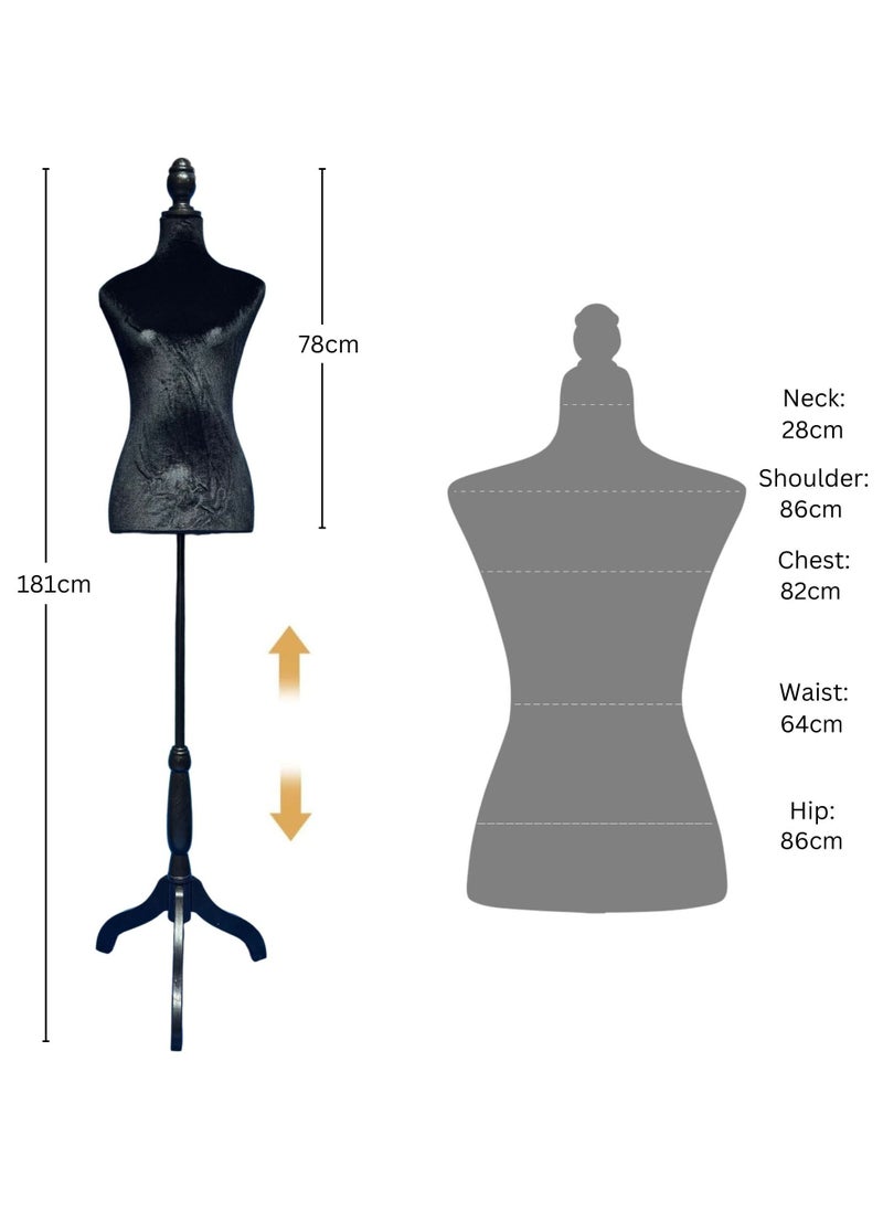 181cm Female Mannequin Torso with Adjustable Tripod Stand, Shiny Black Velvet Mannequin Half Body, Mannequin Dress Form for Clothing Displays Mannequin Model, Sewing Mannequin Women Dress Manikin Body