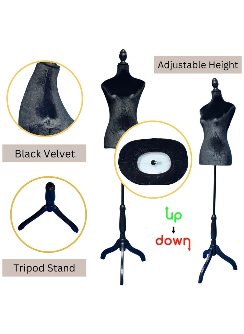 181cm Female Mannequin Torso with Adjustable Tripod Stand, Shiny Black Velvet Mannequin Half Body, Mannequin Dress Form for Clothing Displays Mannequin Model, Sewing Mannequin Women Dress Manikin Body