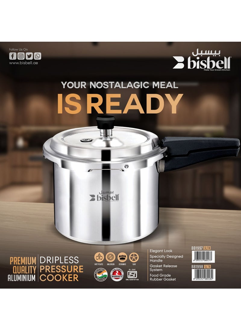 5centigram Bisbell Premium Aluminium Dripless Pressure Cooker, 5 Litre, with Safety Gasket Vent|BB1998 Silver