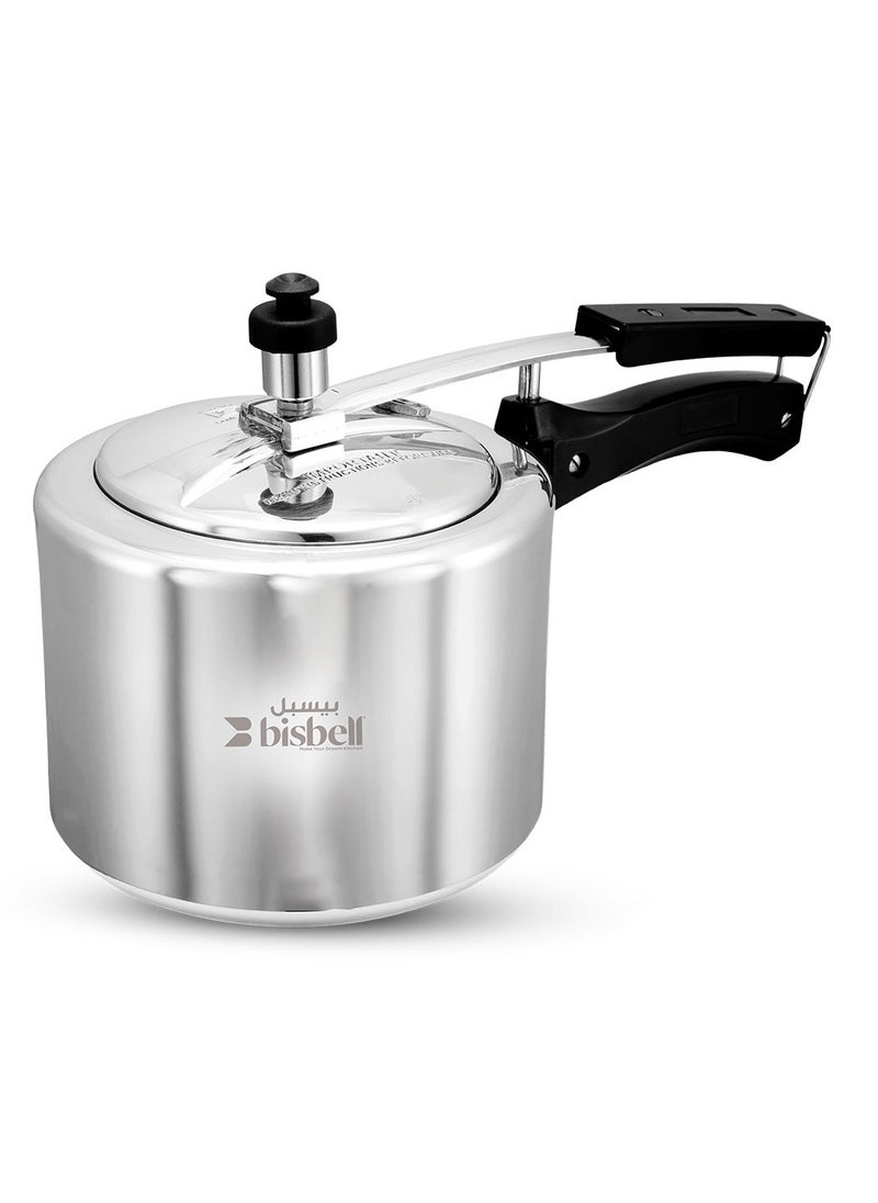 5Liters Bisbell Premium Aluminium Inner Lid Pressure Cooker, 5L, Induction Base, Safety Valve, Black Handle,BB2000 Silver