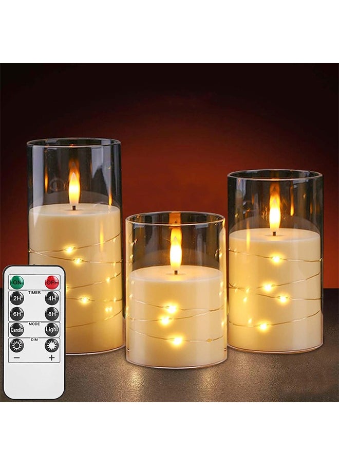 Ramadan Decorations For Home, Flameless LED Candles with Timer 3 pc Flickering Flameless Candles for Romantic Ambiance and Home Decoration,with Embedded Star String，Battery Operated Candles