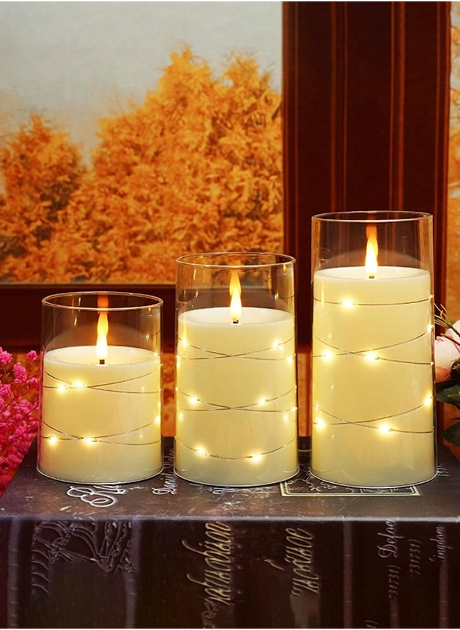 Ramadan Decorations For Home, Flameless LED Candles with Timer 3 pc Flickering Flameless Candles for Romantic Ambiance and Home Decoration,with Embedded Star String，Battery Operated Candles