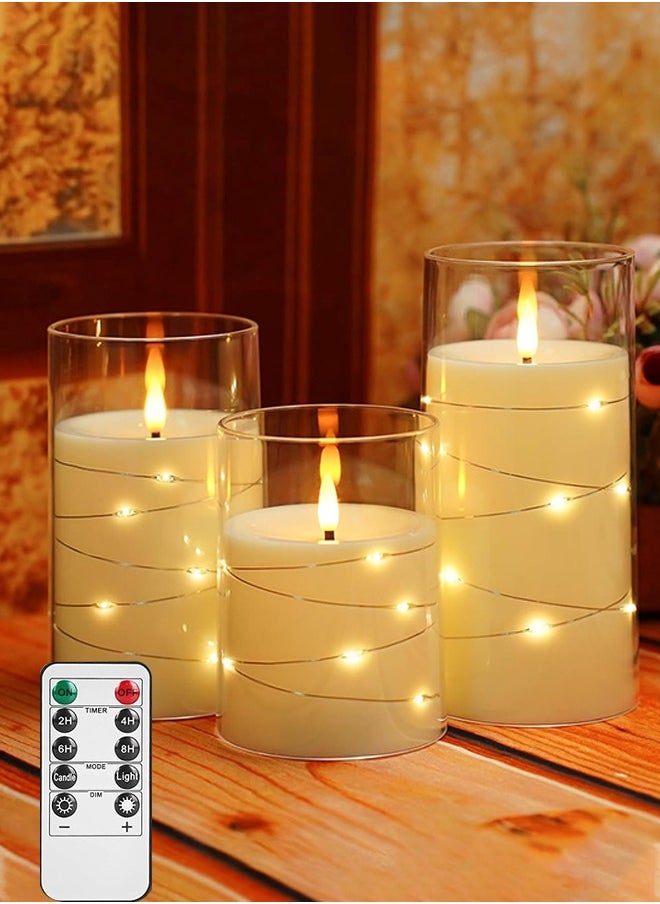 Ramadan Decorations For Home, Flameless LED Candles with Timer 3 pc Flickering Flameless Candles for Romantic Ambiance and Home Decoration,with Embedded Star String，Battery Operated Candles