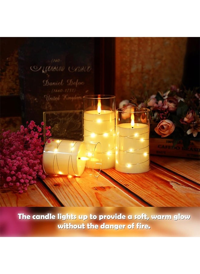 Ramadan Decorations For Home, Flameless LED Candles with Timer 3 pc Flickering Flameless Candles for Romantic Ambiance and Home Decoration,with Embedded Star String，Battery Operated Candles