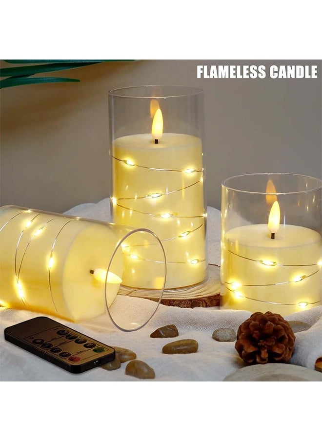 Ramadan Decorations For Home, Flameless LED Candles with Timer 3 pc Flickering Flameless Candles for Romantic Ambiance and Home Decoration,with Embedded Star String，Battery Operated Candles