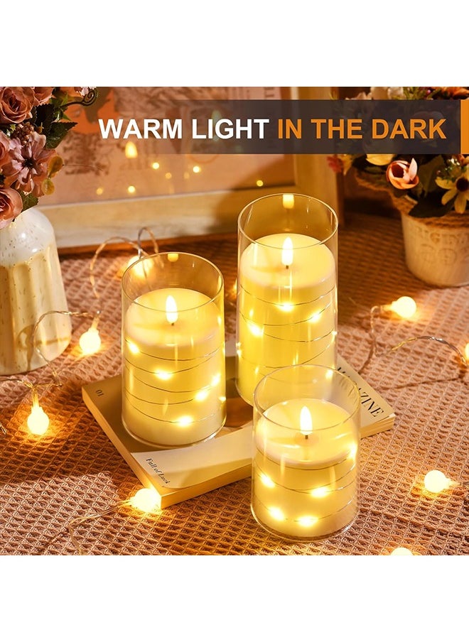 Ramadan Decorations For Home, Flameless LED Candles with Timer 3 pc Flickering Flameless Candles for Romantic Ambiance and Home Decoration,with Embedded Star String，Battery Operated Candles