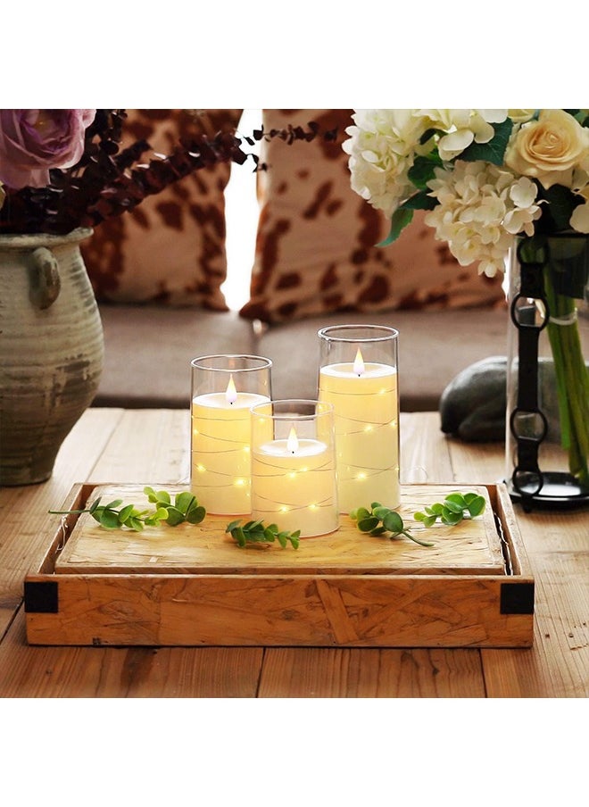 Ramadan Decorations For Home, Flameless LED Candles with Timer 3 pc Flickering Flameless Candles for Romantic Ambiance and Home Decoration,with Embedded Star String，Battery Operated Candles